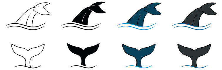 Whale Tail from Front and Side Clipart Set - Outline, Silhouette and Color