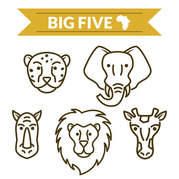 Big Five animals set of icons. Leopard, elephant, rhino, leo and giraffe. Vector illustration 