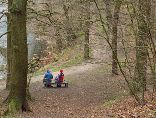 Two senior walkers take a rest on a bench while they enjoy the peace and solitude of the woodland before continuing their hike