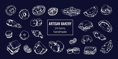 Bread and bakery goods, hand drawn, chalk on blackboard. Vintage patisserie stylized vector sketch