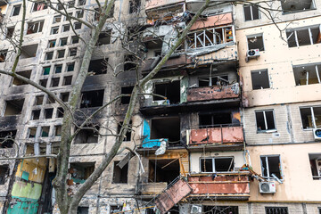 Fototapeta premium Destroyed house after a rocket attack in Kyiv, Ukraine