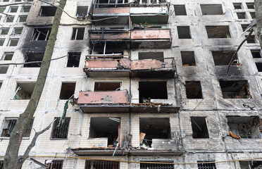 Fototapeta premium Destroyed house after a rocket attack in Kyiv, Ukraine