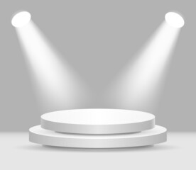 Fototapeta premium Round white stage podium illuminated with light. 3d podium on the background of a concrete wall. Vector white pedestal for product presentation.