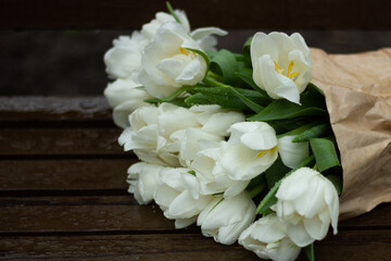 white Tulips on a wooden surface. Beautiful natural background.