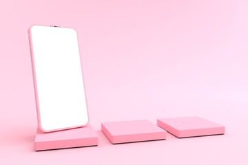 3D rendering of The Smartphone white screen on pink squares Pedestal, Mobile phone mockup tilted to the ground. Pedestals can be used for commercial advertising, Isolated on Minimal pink background.