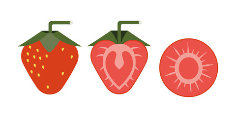 Strawberry is an organic product cut across and along. Vector fruit flat style.