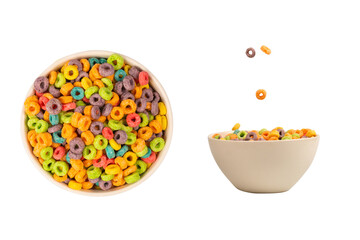 Colorful rings cereal spill out into a bowl. Breakfast. Isolated.