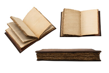An open empty old notebook isolated on a white background.