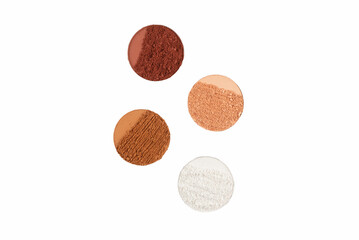 Eyeshadow crushed palette, colorful eye shadow powder isolated on a white background.