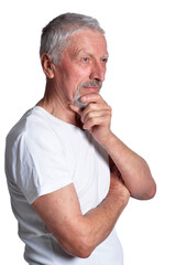 Portrait of sad senior man on white background