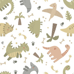 Obraz premium vector seamless pattern with cute funny dinos