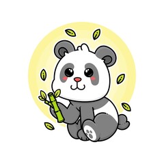 Obraz premium happy panda eat bamboo adorable cartoon doodle vector illustration flat design style