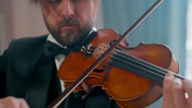 A Young Girl And Man Plays The Violin In A Beautiful Retro Room With Flowers And A Piano.