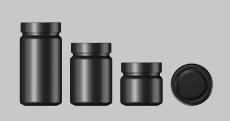 Black and White plastic jars with lid. 3D Illustration.
