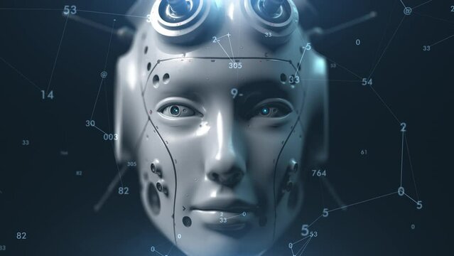 The head of the robot is intently studying and analyzing something. random numbers in the form of code move in the space concept of technology or artificial intelligence. 3d animation has an animation