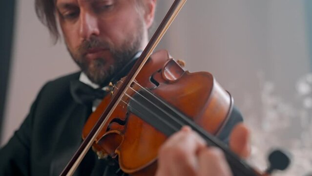 A Young Girl And Man Plays The Violin In A Beautiful Retro Room With Flowers And A Piano.