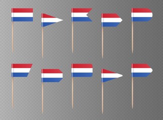 Dutch toothpick flags isolated on a dark transparent background. Small flag of Netherlands on a wooden stick. Vector party elements collection.
