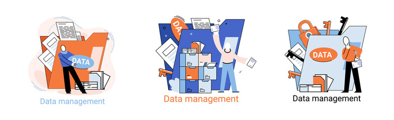 Big data analytics platform, data management and protection creative metaphor set abstract concept. Data center room disk infrastructure business information safety. Technology Internet and network