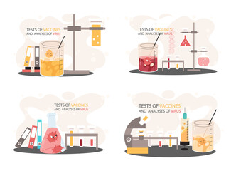 Scientific researchers analyses and tests of vaccines, immunization prevention and protection against viruses. Antivirus vaccine complete development. Pharmaceutical investigation in laboratory