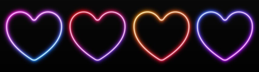 Gradient neon heart frames set. Glowing borders isolated on a dark background. Colorful night banner, vector light effect. Bright illuminated shape. Valentine s Day decoration