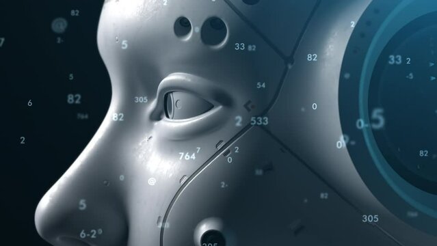 the head of the robot. the camera moves slowly from close-up to general showing the robot. in space flies a random code of numbers concept technology or artificial intelligence.
