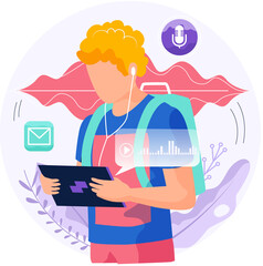 Voice assistant software agent perform tasks for user. Speaker recognition, vote controlled smart speaker. Man voice activated digital assistants, identification. Virtual assistant, sound robot