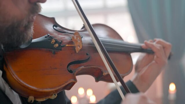 A Young Girl And Man Plays The Violin In A Beautiful Retro Room With Flowers And A Piano.