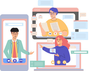 Virtual meeting, online teamwork. Desktop computer with group of colleagues taking part in video conference. Software for videoconferencing and online communication. Online skull session, webinar