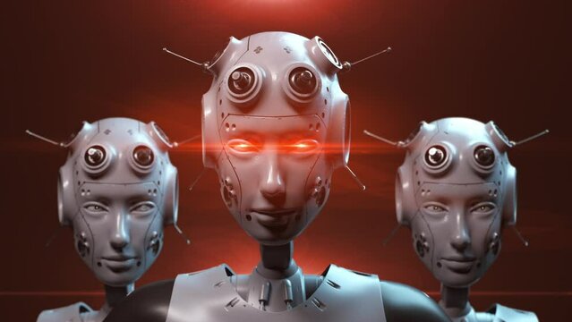 Three evil robots stand looking at the viewer watching what is happening. eyes glow red concept of technology and artificial intelligence. 3D animation contains a loop