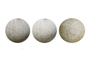Cut out three big rounded granite stone rocks are isolated on white background. spherical stone rocks. Stone for outdoor garden decoration.