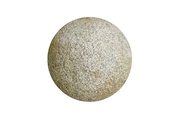 A big granite stone ball is isolated on white background with a clipping path. Rounded stone for outdoor garden decoration.