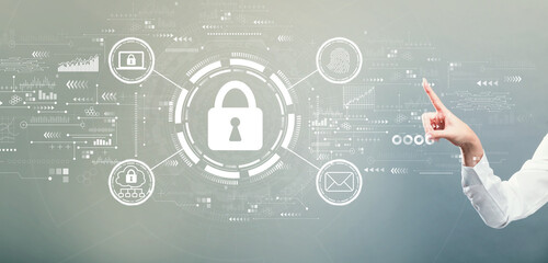 Internet network security concept with hand pressing a button on a gray background