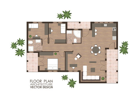 Top view of a family house, architectural floor plan of a residential building, colorful vector illustration 