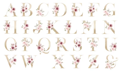 Fotobehang Eenhoorns Brieven set, gouden bloemen alfabet met aquarel bloemen rozen en blad. Monogram initialen perfect voor huwelijksuitnodiging, wenskaart, logo, poster. Vakantie decoratie hand schilderen.