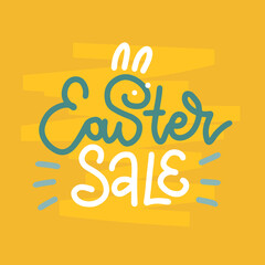 Hand drawn lettering - Easter SALE - with bunny ears on yellow background. Vector illustration for design of card, banner, logo, flayer, label, icon, badge, sticker