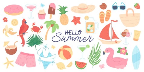 Hello summer elements, cute summertime stickers, tropical vacation icons. Watermelon, surf board, beach ball, flamingo swimming ring, boat, bikini, ice cream, summer holiday doodles vector set
