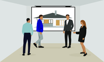 Male and female characters in business attire talking in a room in front of a screen with a picture of a house hanging on the wall