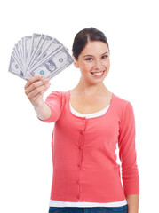 What is the best way to make money. Pretty young woman holding a big amount of money.