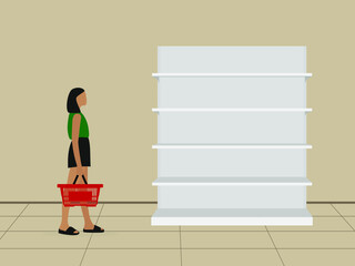 Young female character with empty grocery basket in hand stands near empty shelves