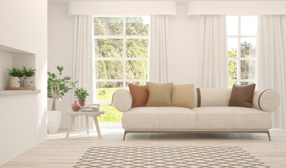 Minimalist living room in white color with sofa and summer landscape in window. Scandinavian interior design. 3D illustration