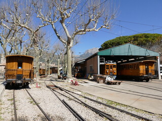 Train and locomotive shed of the historic tren de Soller (Train of Soller) Mallorca, Balearic...