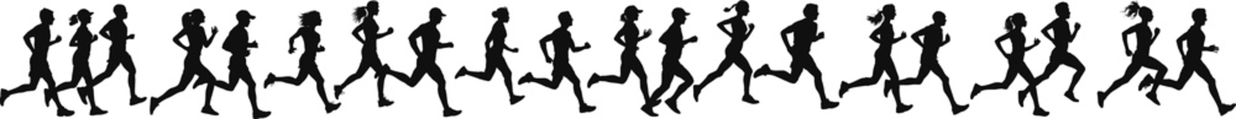 Group of running men and women side view of vector runner silhouette - obrazy, fototapety, plakaty