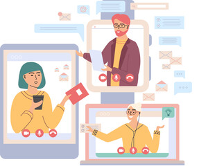 Virtual meeting, online teamwork. Desktop computer with group of colleagues taking part in video conference. Software for videoconferencing and online communication. Online skull session, webinar