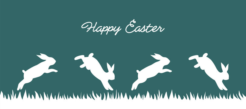 Easter greeting card. White jumping rabbits in a grass on a blue turquoise background