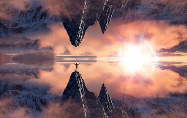 Magical Fantasy Aerial Landscape with a mirrored Mountain World. Adventure Woman Hiker Standing....