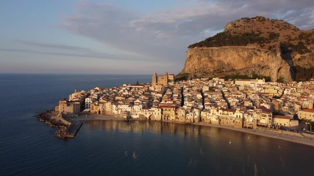 Panoramic aerial view of Cefalu - Sicily, Italy. Beautiful and romantic town in Sicily. 