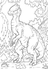 Coloring book for children with a dinosaur hand-painted in cartoon style