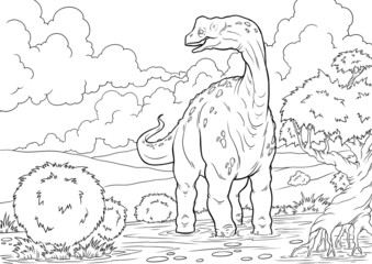 Coloring book for children with a dinosaur hand-painted in cartoon style