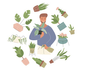 Collection of house plants with man in flat cartoon style. Succulents and tropical plants, trendy minimalistic house decor with plants, cacti, leaves in stylish planters and pots. Vector illustration
