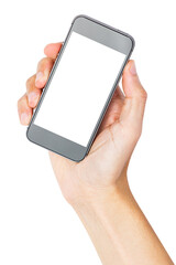 Hand holding mobile smartphone with blank screen isolated on white background